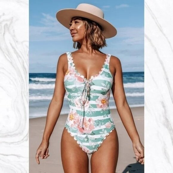 CUPSHE One Piece Swimsuit Womens Large lace up v-neck scalloped green coral pink - Picture 9 of 9